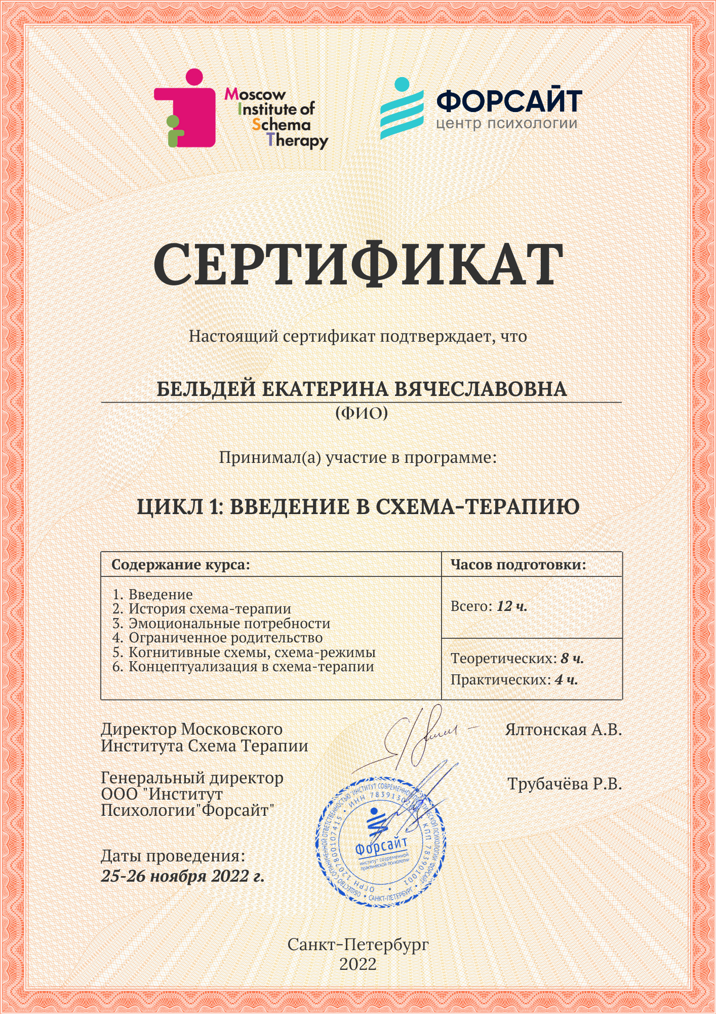 Введение в схема-терапию (12 часов)