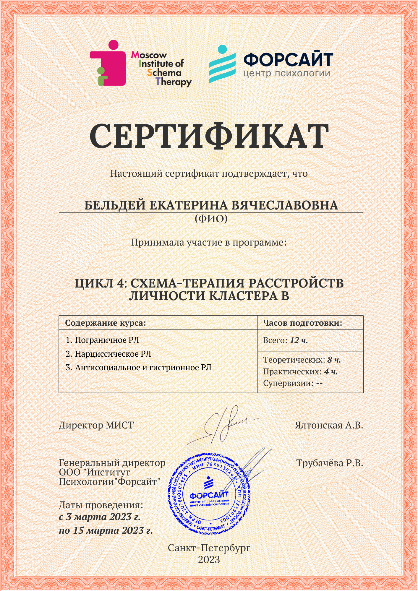 Схема-терапия расстройств личности кластера B (12 часов)